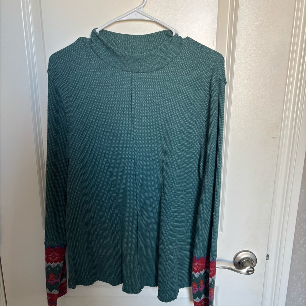 Maurices Teal Cowl Neck Sweater with Patterned Sleeves